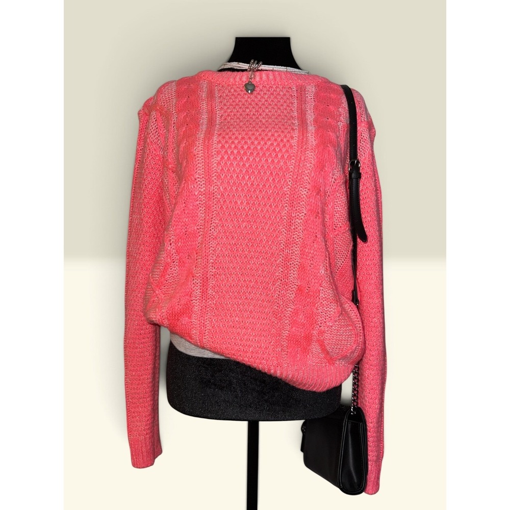 Jane Morris Vintage Neon Pink Cable Knit Sweater Crew Neck Long Sleeve Pullover